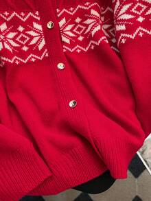 EMERY ROSE 秋季大码女式几何图案长袖单排扣针织开衫 - 紅色 - 查看 5