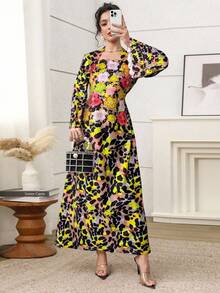 Al Najma 女式花卉豹纹喇叭袖优雅阿拉伯风格连衣裙 - 彩色 - 查看 6