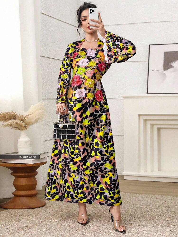 Al Najma Women's Floral & Leopard Print Flare Sleeve Elegant