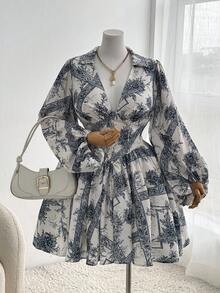 Sweetra 大码女式碎花印花收腰长袖优雅休闲度假衬衫裙 - 彩色 - 查看 4