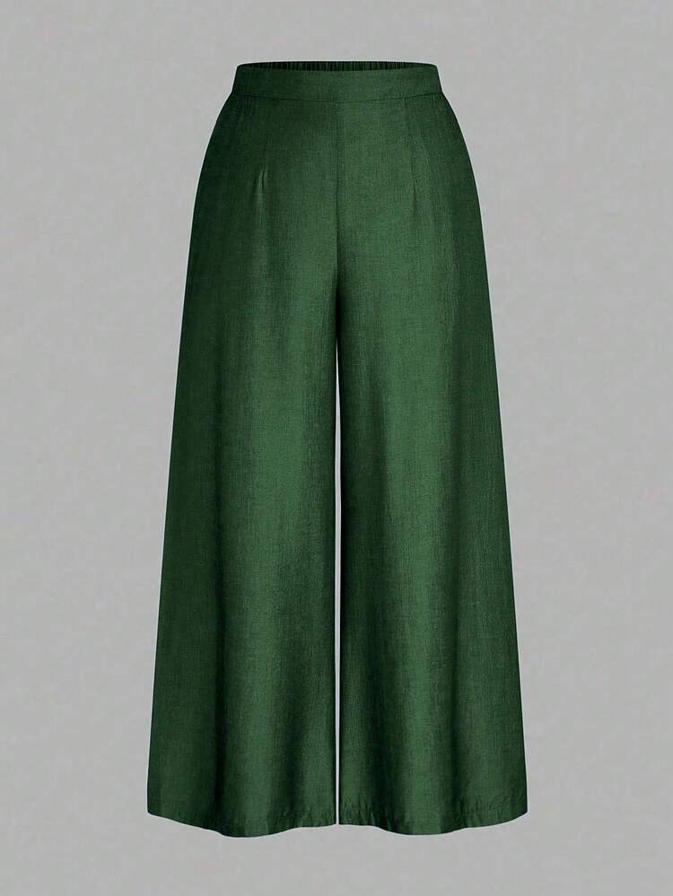 Rometta Pantalones casuales sueltos de pierna ancha y plisados de unicolor para mujer de talla grande - Verde militar - Añade 6