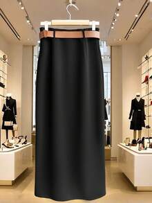 Franclia Women's New Fashion Gold Button Decor A-Line Skirt With Belt - Black - View 2