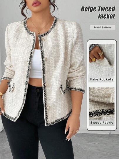 Elenzga Jachetă elegantă cu mânecă lungă, stil vintage, din tweed artificial, tricotată cu textură, cu un singur nasture, mărime plus