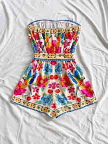 Soleia Soleia Women's Vacation Casual Elegant Tropical Floral Print Belted Strapless Jumpsuit, Suitable For Party, Evening, Sexy, Date, Beach Vacation, Summer Outfit, Holiday Date, Afternoon Tea, Seaside Beach Cruise Vacation, Urban Vacation, Boho Vacation, Music Festival, Beach Dress Can Be Worn Inside Or Outside, All Season Tropical Romper Beach Romper Vacation Romper Floral Romper