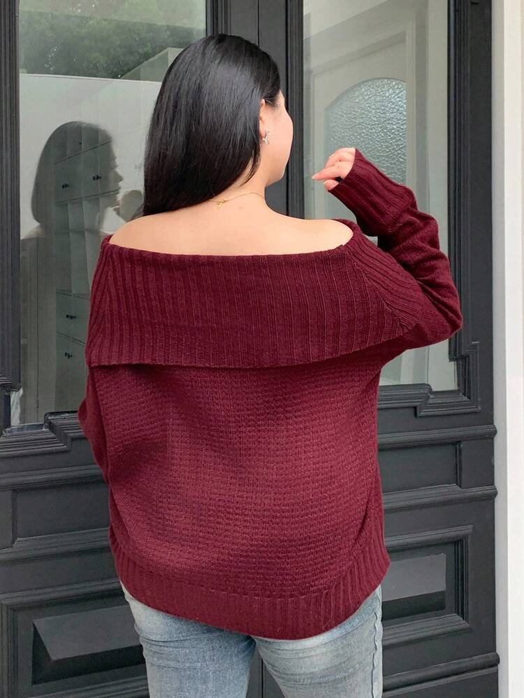 Dazy Plus Christmas Loose Fit Off-Shoulder Solid Color Burgundy Plus Size Pullover Sweater For Women, Autumn/Winter
