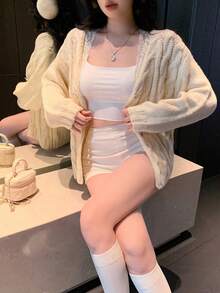DAZY 秋冬宽松休闲针织上衣，时尚麻花针织纹理，优雅蕾丝花边V领，水钻纽扣装饰，奶油黄色长袖开衫，适合婚礼和派对 - 黃色 - 查看 6