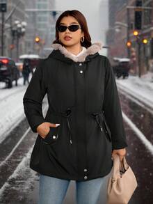 SHEIN Clasi 大码女式日常休闲拉链连帽抽绳收腰长袖外套，带口袋，加厚保暖绒里，保暖防风，2025新款，舒适保暖，大码女式长袖口袋休闲外套，适合秋季、冬季、复古风、外出穿着 - 黑色 - 查看 12