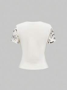 ROMWE Avant 女式复古万圣节黑猫、星星、月亮印花水钻基本款圆领紧身 T 恤 - 杏色 - 查看 2