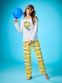 Chillnights X LOONEY TUNES Women's Cute Tweety Bird Cartoon Pattern Comfortable Long Sleeve Top & Pants Pajama Set, Fall Winter Clothes - Multicolor - View 7