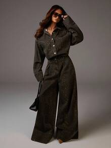 Athîral 女式长袖纽扣半襟休闲口袋阔腿宽松牛仔连体裤女式连体裤女式长袖连体裤女式阔腿连体裤女式连体裤豹纹连体裤 - 彩色 - 查看 3