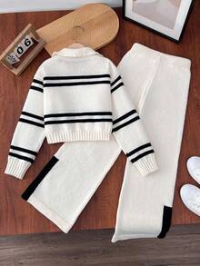 Sparklyn 青少年女孩休闲 V 领条纹宽松针织毛衣和直筒阔腿裤，侧开衩时尚针织 2 件套，适合外出、聚会、日常穿着、秋冬 - 杏色 - 查看 2