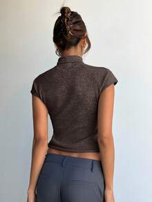 Aloruh 女士秋冬短袖高领修身薄款抓绒针织衫，棕色 - 咖啡棕 - 查看 3