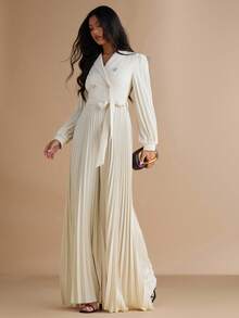 Silquee 女士纯色翻领双排扣褶裥阔腿优雅连体裤 - 米色 - 查看 3