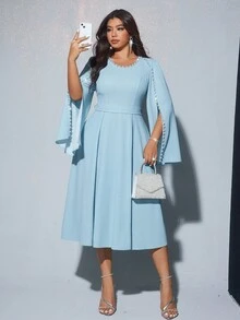 Viva Relle 大码女式优雅宴会、派对、迷人活动圆领钻石装饰腰部喇叭长裙（随机水钻装饰） - 藍色 - 查看 5