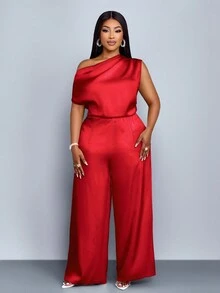 SOLERSUN 大码女装时尚，纯色，优雅，日常旅行，宽松休闲，简约缎面露肩不对称领口，肩部褶裥，短袖，阔腿连体裤。适合派对、音乐会、四季皆宜，圣帕特里克节、复活节等场合。 - 紅色 - 查看 5