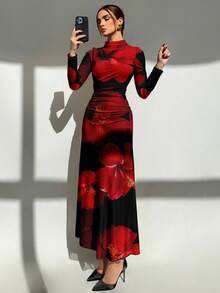 Aloruh 新款优雅黑色底红色扎染印花长袖修身连衣裙，适合晚宴、约会、日常穿着、秋季穿着、凉爽秋日、圣诞节、圣诞派对等场合。 - 黑色 - 查看 5