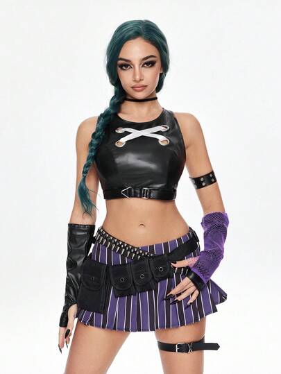 ROMWE Avant Ensemble sexy de jeu de rôle pour femme, top court et mini-jupe