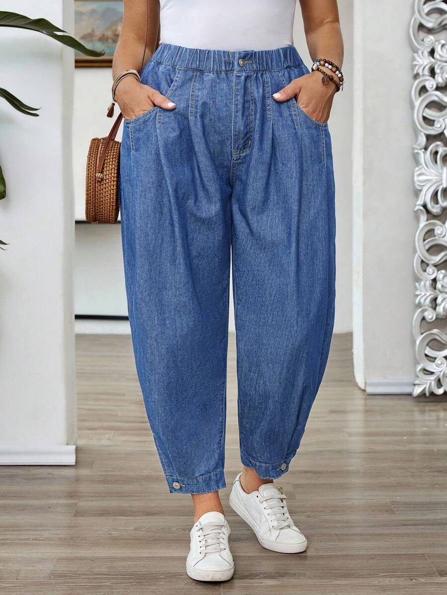 EMERY ROSE Plus Size Women Loose Fit Elastic Waist Denim Pants, Casual ...