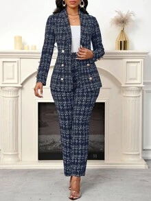 SHEIN Lady 2025 New Navy Blue Tweed Printed Women's Two Pieces Set Elegant Commuter Women's Two Pieces Set - Navy Blue - View 2