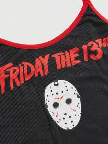 Friday the 13th X ROMWE 女士口罩字母图案无钢圈文胸和内裤套装 - 黑色 - 查看 3