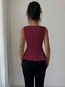 Elenzga Women's Elegant Square Neck Sleeveless Blouse With Front Slit, Suitable For Office, Commute, Afternoon Tea, Party, Vacation, Casual Wear, Spring/Summer - Burgundy - View 2