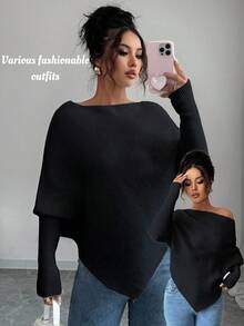 Elenzga Women's Asymmetrical Shoulder Batwing Sleeve Casual Elegant Knit Sweater Top, Versatile For Vacation & Holidays, Spring/Autumn/Winter - Black - View 1