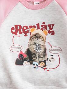 Genkimix Kids Áo nỉ Raglan vai màu khối Genkimix cho bé gái, thiết kế in hình mèo dễ thương, phong cách ngọt ngào và đáng yêu, thích hợp mặc vào mùa xuân, mùa thu, mùa đông, thích hợp mặc đi chơi, đi học, mặc thường ngày - Hồng - Xem 4