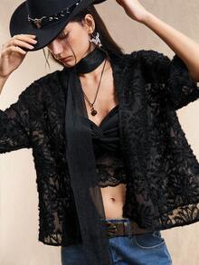 Easelle 优雅通勤黑色镂空女式夹克 - 黑色 - 查看 7