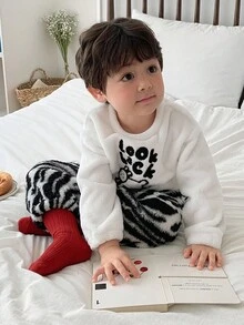 DAZY 2pcs Baby Boys' Sherpa Crew Neck Long Sleeve Top And Striped Pants Pajama Set Fall,Winter - Black and White - View 6