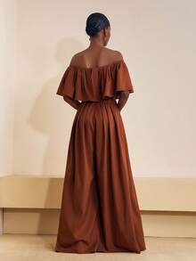 Zivah 2025 秋冬新品，音乐节，毕业季，学院风，学生装，日常休闲，度假，海滩，街头风，通勤优雅，露肩荷叶边连体裤，纹理面料，西装面料，有口袋，棕色连体裤 - 棕色 - 查看 2