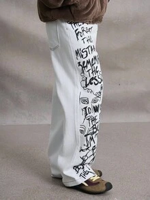 PAVTROS Jeans de pierna ancha con estampado de eslogan y efecto desgastado para hombre - Blanco - Ver 1