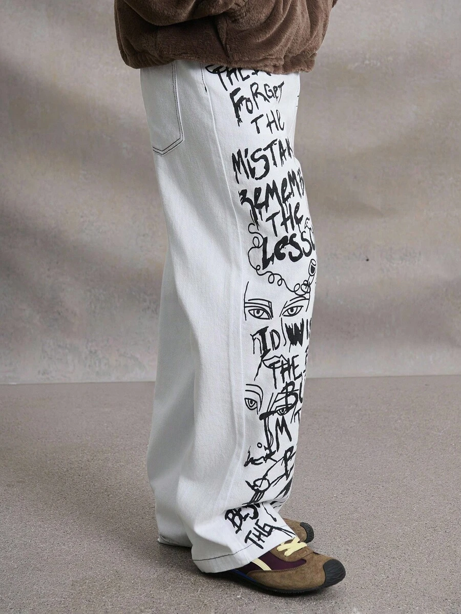 PAVTROS Jeans de pierna ancha con estampado de eslogan y efecto desgastado para hombre - Blanco - Ver 1