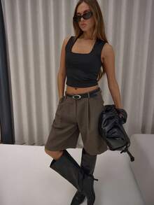 MUSERA 修身圆领褶皱肩带上衣，可爱优雅性感街头风，适合秋季、夜晚外出、春夏穿着。 - 黑色 - 查看 5