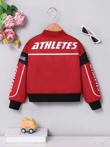 SHEIN Young Girl Colorblock Letter Print Cropped Long Sleeve Loose Stand Collar Zip-Up Bomber Jacket, Suitable For Autumn Fall Winter Varsity Jacket Race Car Girls - Red - View 2