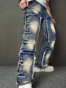 SHEIN Bolty Tween 男童时尚休闲设计感粗犷的方形三角剪裁黑色牛仔裤，弹性面料，适合日常穿着和秋季穿着，童装街头风牛仔裤，男童牛仔裤 - 深色水洗藍 - 查看 3