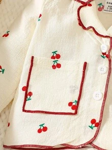 SHEIN 新生女婴卡通可爱樱桃领开襟上衣和裤子时尚优雅