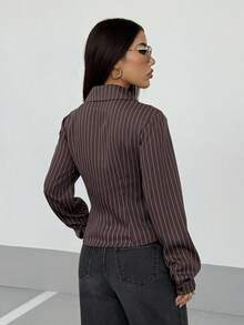 StreetHx Women's Retro Striped Fitted Shirt, Brown Blouse,Autumn Clothes For Women - Brown - View 3