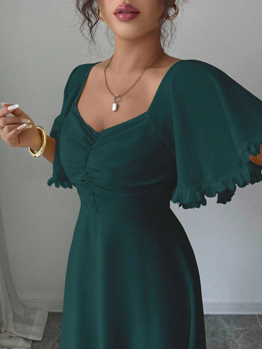 Modelyn 女式纯色奶油黄色雪纺荷叶边袖设计夏季法式度假连衣裙 - 墨綠色 - 查看 1