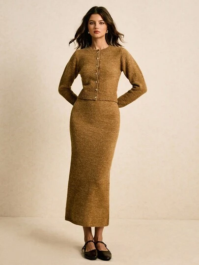 Poéselle 杏仁棕色针织两件套毛衣套装 – 开襟纽扣开衫搭配长款半身裙，轻松打造秋日时尚造型，女士短款上衣和半身裙两件套，针织套装，开衫半身裙套装，两件套毛衣套装，秋季针织服装，舒适套装，长款针织半身裙，简约胶囊衣橱，柔软套装，秋冬