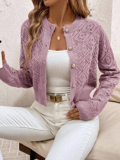 SHEIN Clasi Cárdigan corto de manga larga con diseño minimalista y calado, de unicolor, para uso diario de mujer