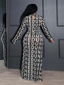 Veslaya Spring/Autumn New Elegant Sexy & Party & Date & Evening & Graduation & Wedding & Birthday Party Banquet Fitted Sheer Mesh English Letter Print Long Sleeve Round Neck Waist Ruched Maxi Plus Size Dress - A - Black - View 4