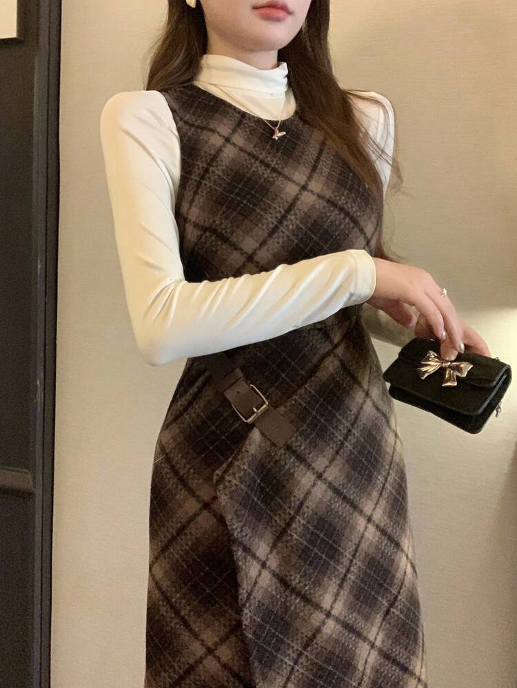 Fashionable Plaid Fitted Waist Plaid Skirt, Colorblock Argyle Design With Leather Strap Asymmetric Decor Mid-Length Dress For Women, Autumn/Winter