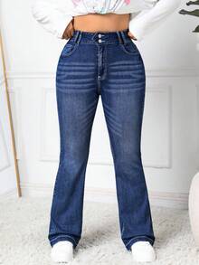 SHEIN PETITE CURVE Plus Size Women Blue Denim Flare Jeans - Dark Wash - View 3