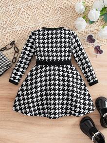 SHEIN Babygirl Elegant Houndstooth Pattern Long Sleeve Dress Fall Winter - Black and White - View 2