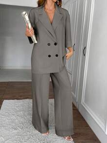 EURMUSE Women's Butter Yellow Casual Oversized Suit Set - Grey - View 5