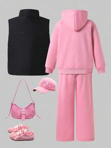 SHEIN Explorewe Tween Girls Pink Winter Casual School 3-Piece Outfit Set,Loose Thermal Lined Hoodie,Wide Leg Sweatpants&Padded Vest,Solid Color Versatile Fall Clothes - Multicolor - View 2