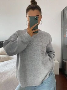 DAZY Damen Loose Fit Rundhals 3D Blumen Dekor Pullover Sweater Winter - Babyblau - Übersicht 1