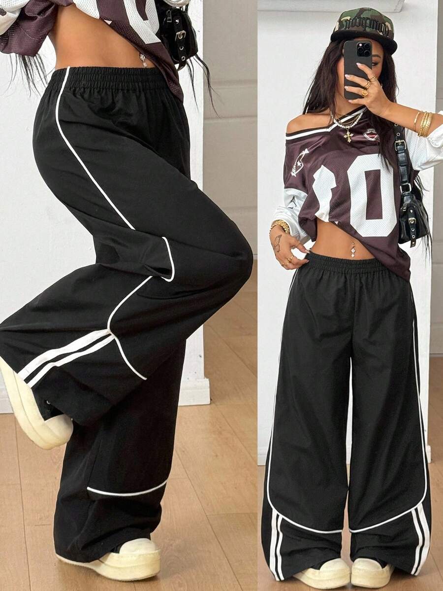 Coolane Women's Fall Streetwear Y2K Club Punk Striped Budding Black Wide Leg Pants - Black - View 1