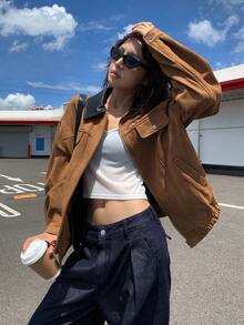 DAZY 女士PU拼接撞色宽松仿麂皮常规款夹克秋冬女装外套 - 棕色 - 查看 8