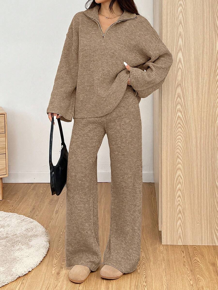 SHEIN EZwear 2pcs Women Casual Khaki Zip-Up Drop Shoulder Sweater And Knit Pants Set, Autumn/Winter,Fall - Khaki - View 1